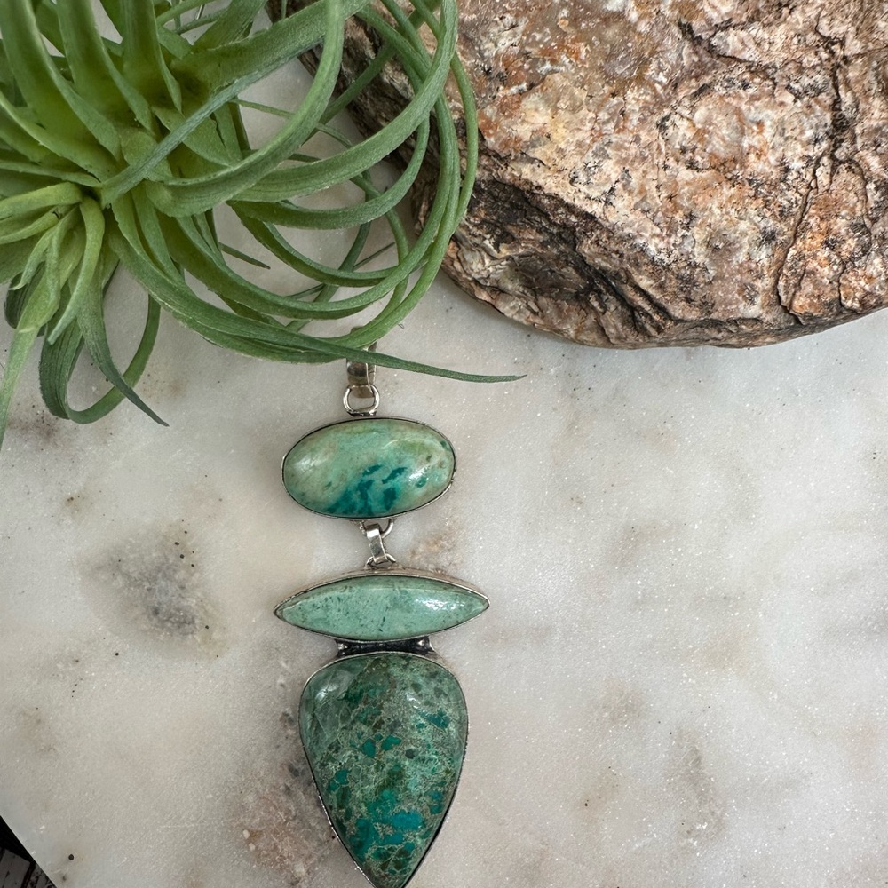 Chrysocolla Blue 925 Silver Plated Long Gemstone Pendant Turquoise Aqua Blue